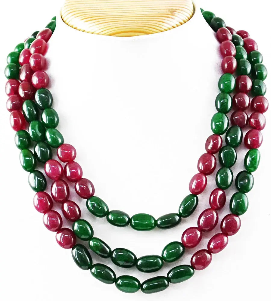 AAA+ Quality 775.50 Cts Earth Mined Enhanced Emerald & Red Ruby Oval Beads Necklace ABC Jewelery